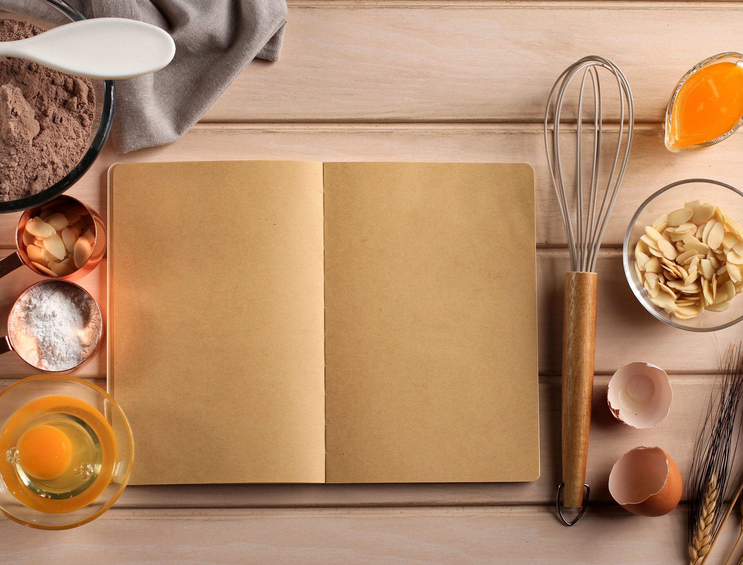 Empty Open Book with Baking Ingredients, Top View. Concept Book