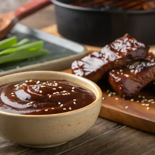 Close-up of glossy Korean BBQ sauce drizzled over grilled beef short ribs (galbi) in a ceramic bowl, with sesame seeds and green onions on a rustic wooden table.