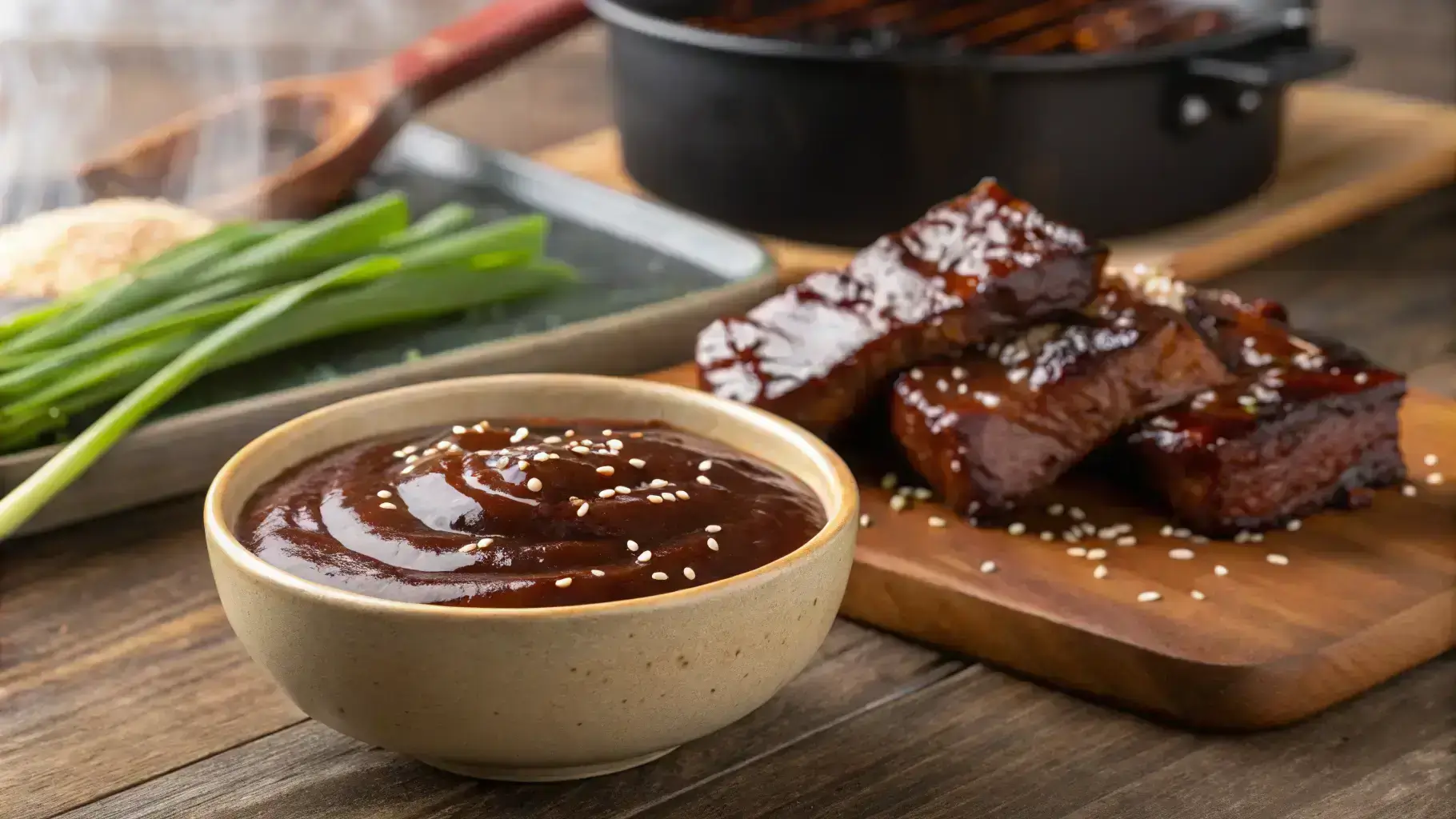 Close-up of glossy Korean BBQ sauce drizzled over grilled beef short ribs (galbi) in a ceramic bowl, with sesame seeds and green onions on a rustic wooden table.