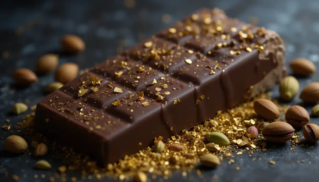 Homemade Dubai chocolate bars with cocoa and nuts on a marble plate