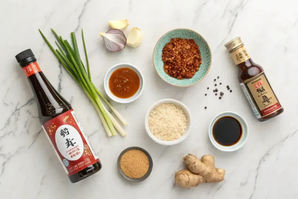 Flat-lay of ingredients for Korean BBQ sauce, including soy sauce, brown sugar, gochujang, sesame oil, garlic, ginger, rice vinegar, and sesame seeds on a marble countertop.