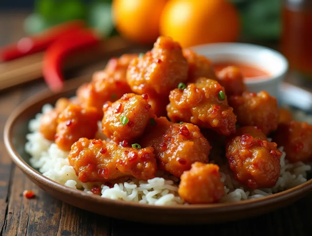 A plate of crispy battered chicken coated in a glossy, spicy orange sauce, garnished with red chili flakes and served with white rice on a rustic wooden table.