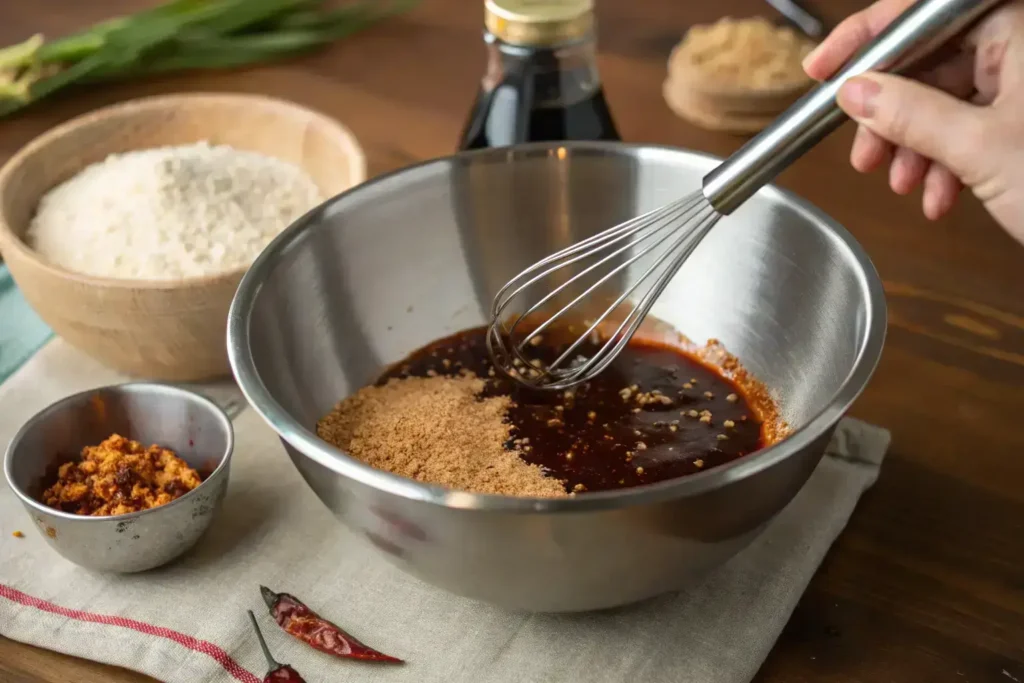 Hand whisking Korean BBQ sauce ingredients in a stainless steel mixing bowl, with a spoonful of brown sugar being added on a wooden kitchen counter.