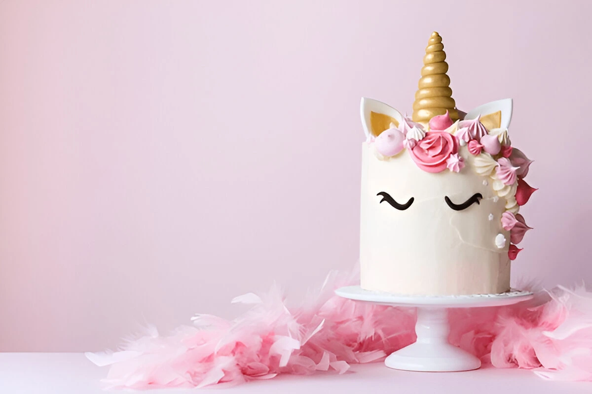 Unicorn cake with pastel-colored frosting, decorated with fondant flowers and a golden horn.