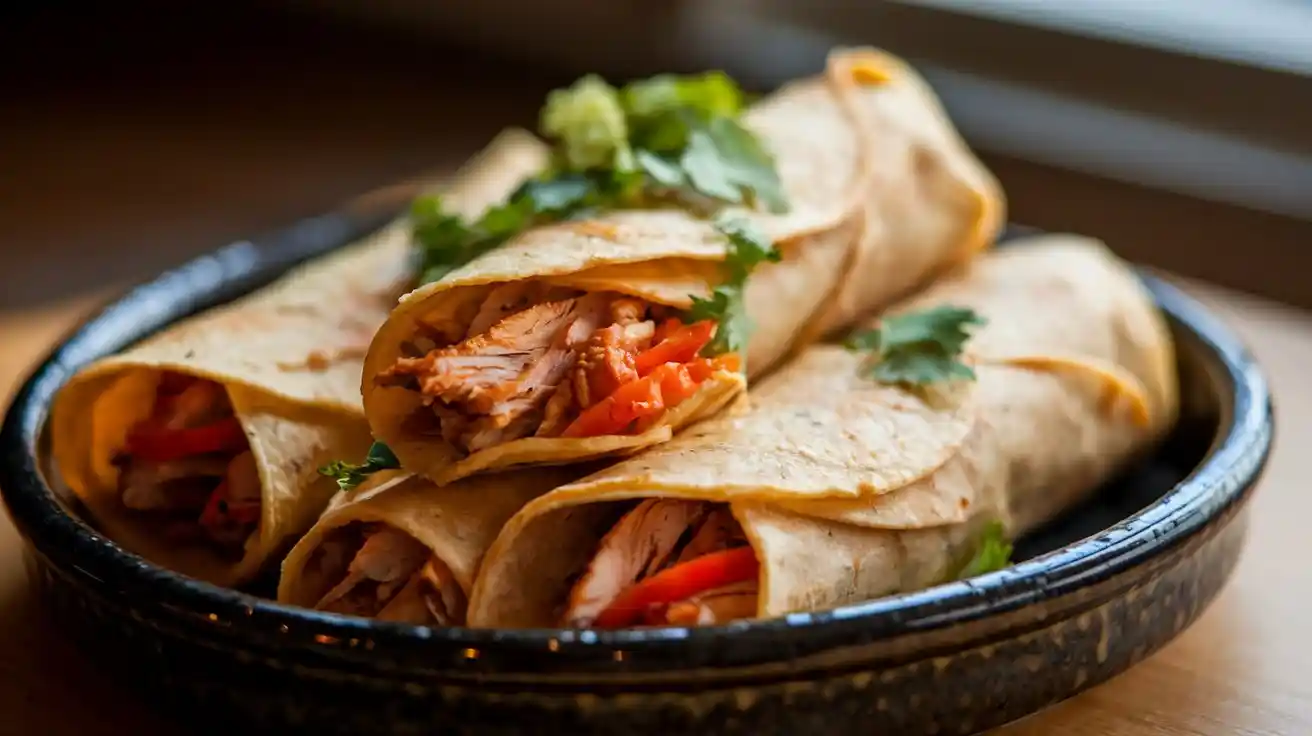 Crispy baked chicken taquitos with guacamole