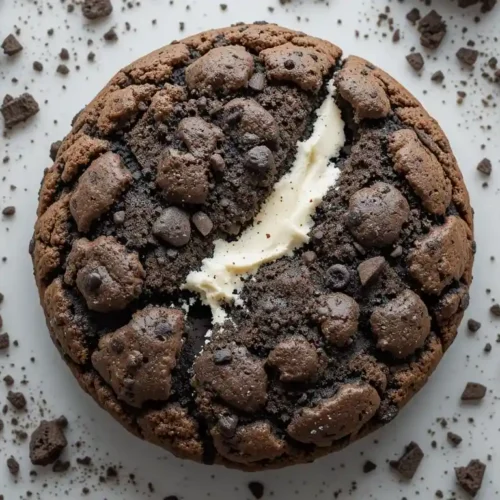 Detailed overhead photograph of a homemade Oreo Cookie Crumbl , showing the cracked top and Oreo crumb topping.