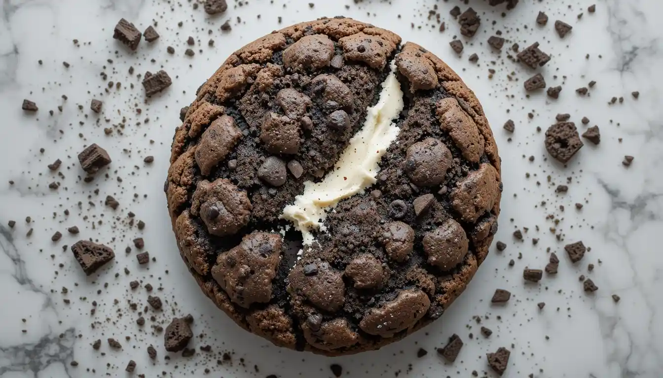 Detailed overhead photograph of a homemade Oreo Cookie Crumbl , showing the cracked top and Oreo crumb topping.