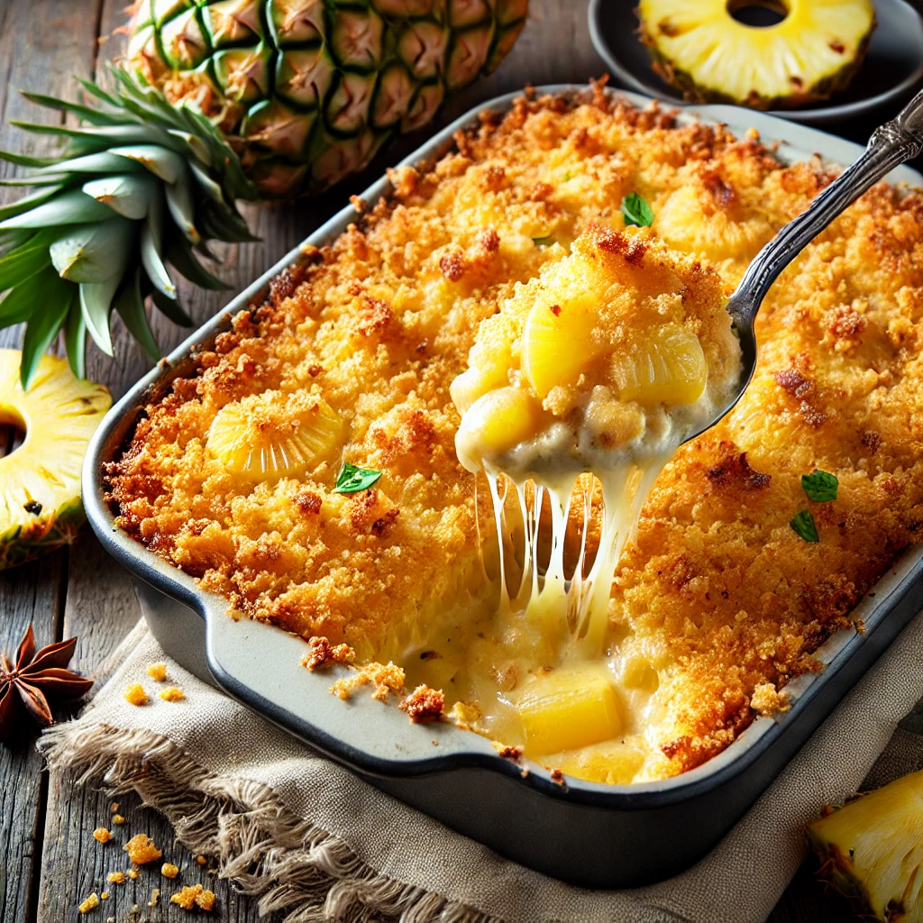 DALL·E 2024 12 26 14.12.41 A close up image of pineapple casserole topped with crispy golden cracker crumbs with a spoon scooping a serving of the dish showing the gooey melte