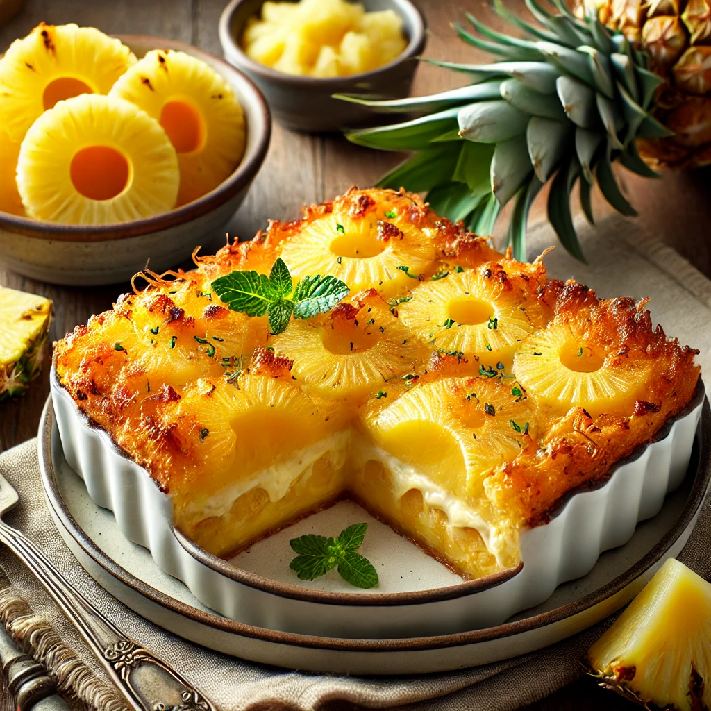 DALL·E 2024 12 26 14.12.59 A beautifully arranged plate of pineapple casserole with a slice served on a plate showing the golden crunchy topping and creamy pineapple and chee