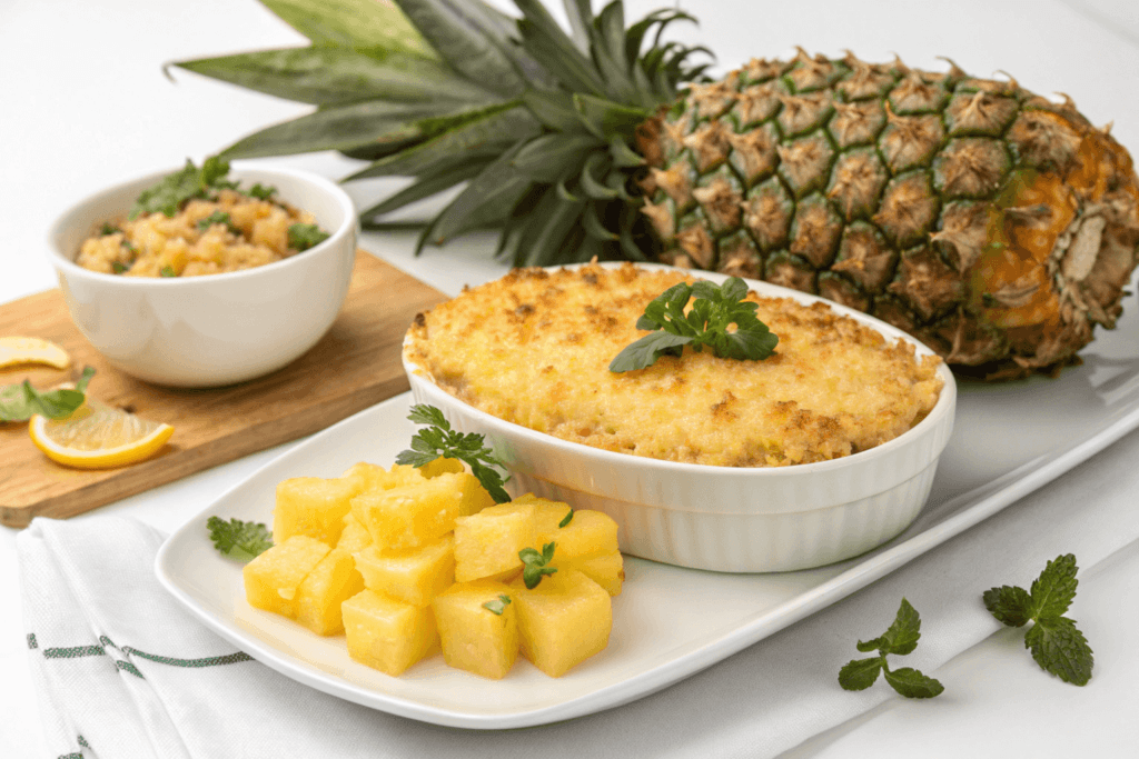 a beautifully arranged plate of pineapple casserol 1