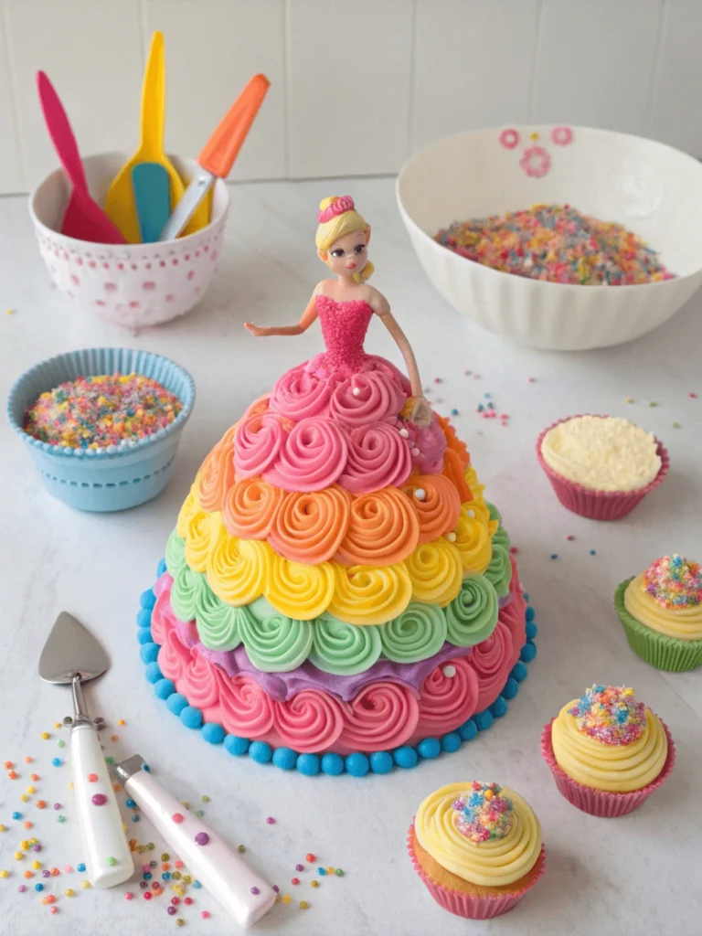 a playful and colorful diy barbie cake showcasing 1