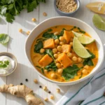 An overhead shot of a steaming healthy breakfast curry served in a white bowl, featuring golden sweet potatoes, chickpeas, and vibrant green spinach in a creamy coconut-turmeric sauce, topped with fresh cilantro and a slice of lime