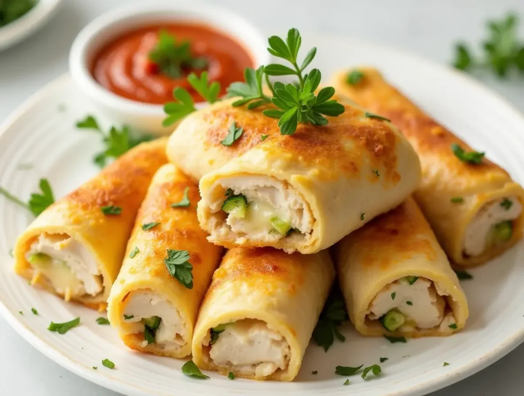 Cheesy Garlic Chicken Wraps sliced in half, revealing gooey cheese and tender chicken inside.