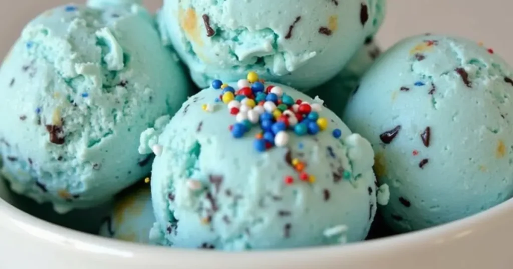 Close-up of a scoop of Cookie Monster ice cream with Oreo chunks in a waffle cone.