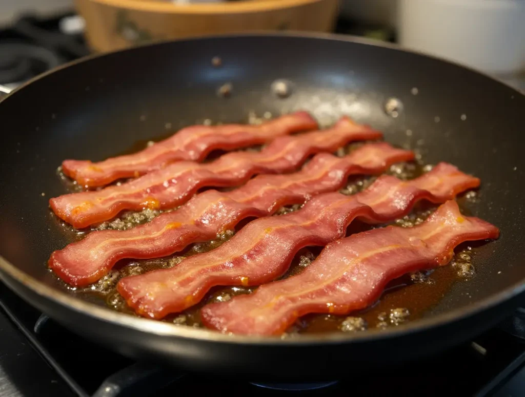 Strips of beef bacon sizzling in a skillet with golden edges in a modern kitchen