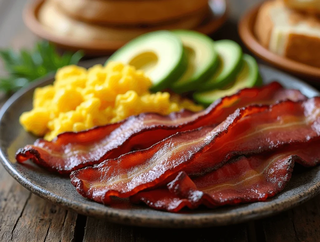A hearty breakfast with beef bacon, scrambled eggs, avocado slices, and toasted bread on a wooden table.
