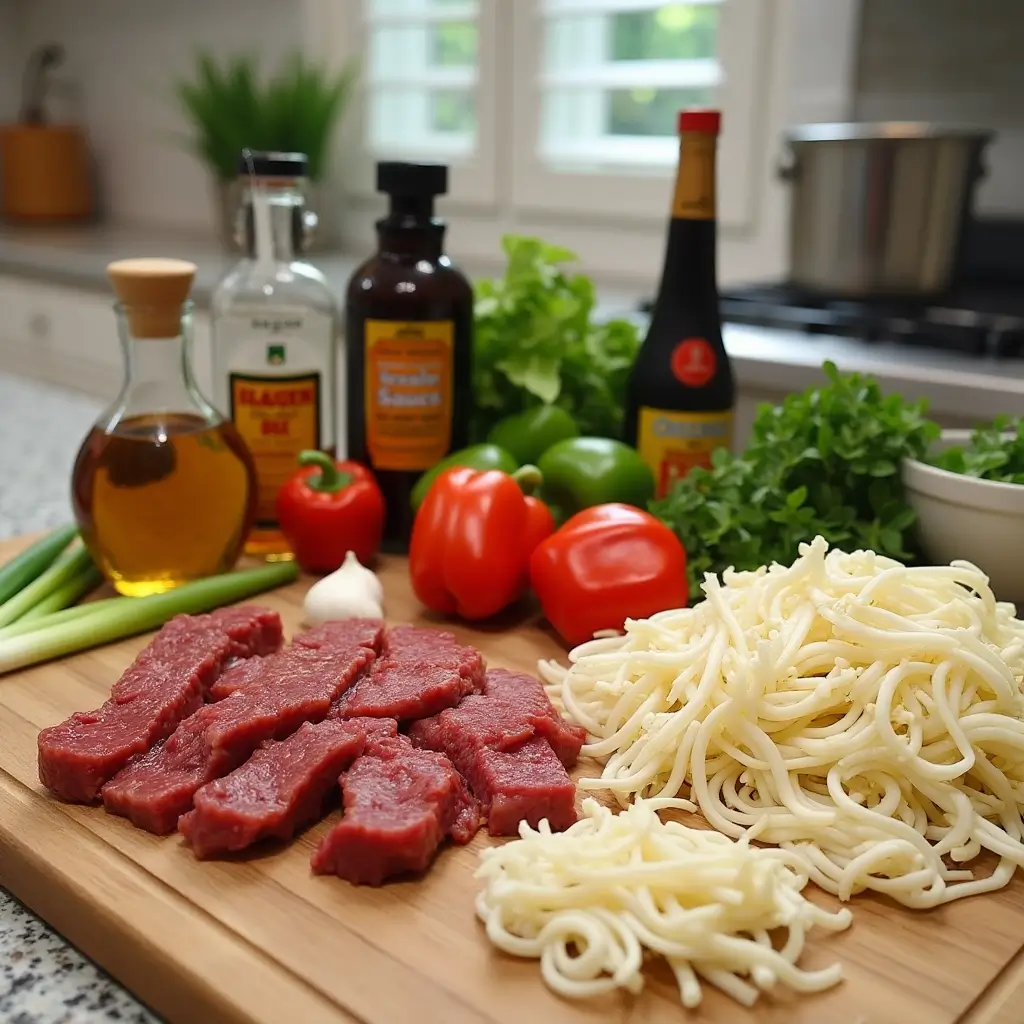 Fresh ingredients for making Beef Chow Fun, including noodles, beef, soy sauce, and vegetables.