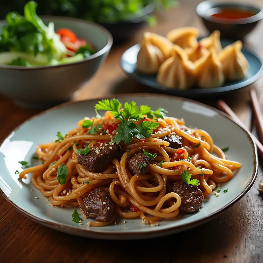 Beef Chow Fun served with steamed bok choy and Chinese dumplings.