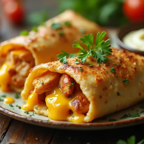 Cheesy Garlic Chicken Wraps served on a rustic wooden table with melted cheese and fresh herbs.