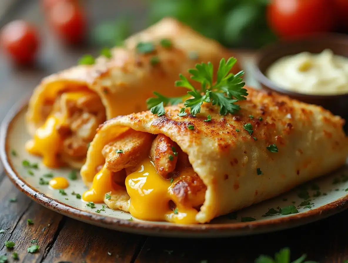 Cheesy Garlic Chicken Wraps served on a rustic wooden table with melted cheese and fresh herbs.