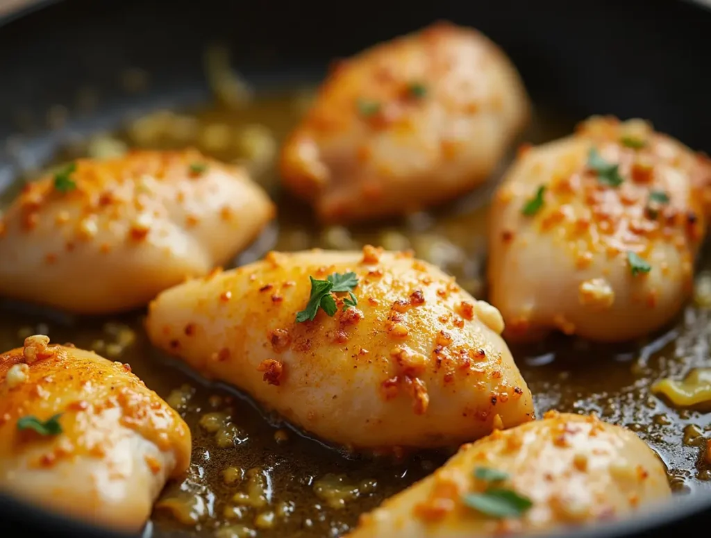 Chicken cooking in garlic butter in a skillet with melted cheese and a golden-brown texture.