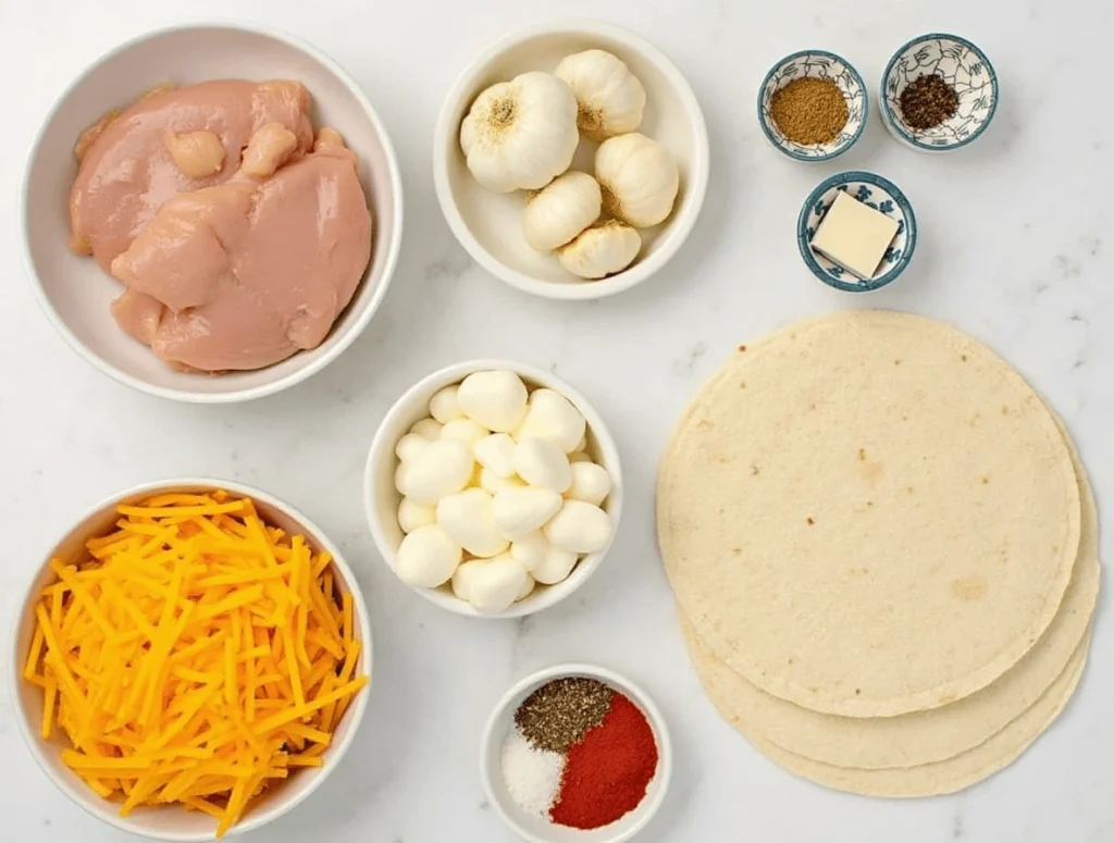 All the ingredients needed for Cheesy Garlic Chicken Wraps: chicken, garlic, cheese, tortillas, and seasonings