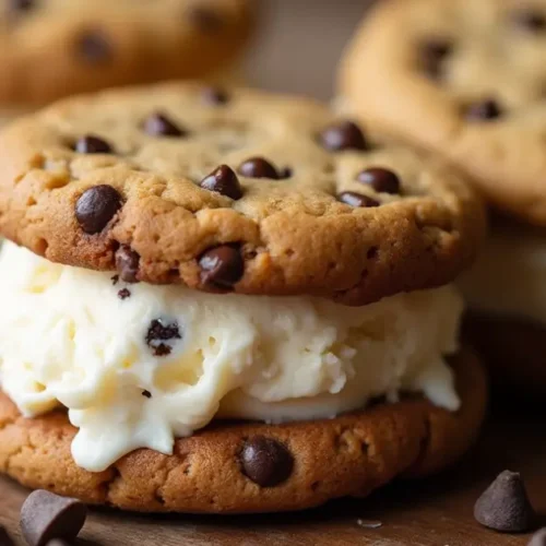 Homemade choc chip ice cream sandwich with vanilla ice cream between two chocolate chip cookies.