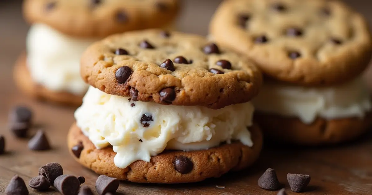 Homemade choc chip ice cream sandwich with vanilla ice cream between two chocolate chip cookies.