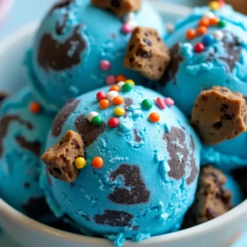 Colorful bowl of homemade Cookie Monster ice cream with Oreo and chocolate chip cookie chunks and sprinkles.
