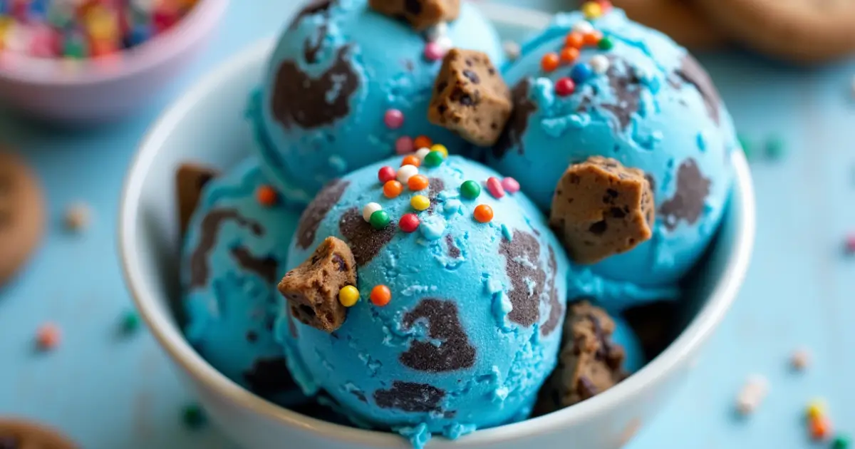 Colorful bowl of homemade Cookie Monster ice cream with Oreo and chocolate chip cookie chunks and sprinkles.