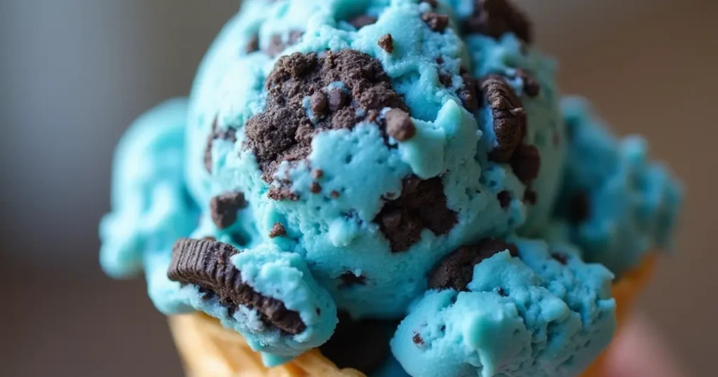 A bowl of Cookie Monster ice cream surrounded by cookies and sprinkles.