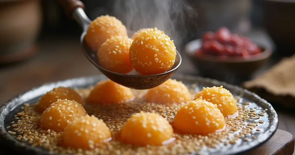 Golden sesame balls being lifted from hot oil, with steam rising from the freshly fried crispy exterior.