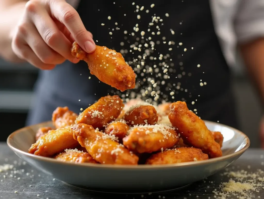 A chef tossing crispy garlic parmesan wings in a large bowl with melted garlic butter and grated parmesan cheese.