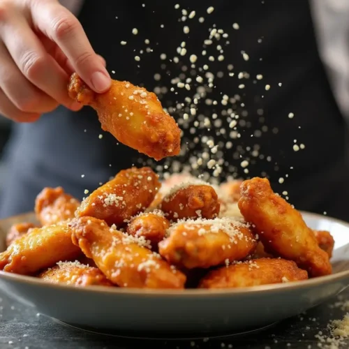 A chef tossing crispy garlic parmesan wings in a large bowl with melted garlic butter and grated parmesan cheese.