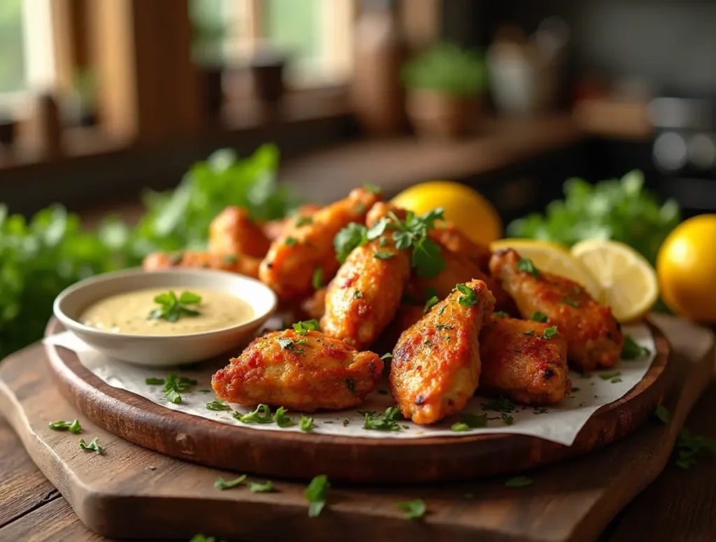 A plate of garlic parmesan wings served with crispy fries and a fresh garden salad on a rustic wooden table.