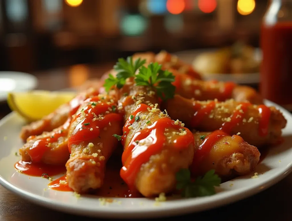 Garlic Parmesan Wings with windwo in the bagrd