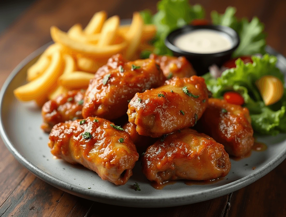 A platter of garlic parmesan wings garnished with hot sauce, lemon zest, and fresh parsley.