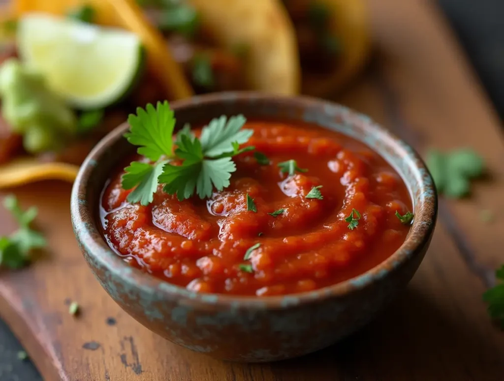 Bowl of homemade Mexican hot sauce served with tacos and garnished with cilantro and lime slices.