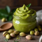 Homemade pistachio paste jar on a rustic kitchen countertop with pistachios and a wooden spoon.