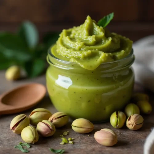 Homemade pistachio paste jar on a rustic kitchen countertop with pistachios and a wooden spoon.