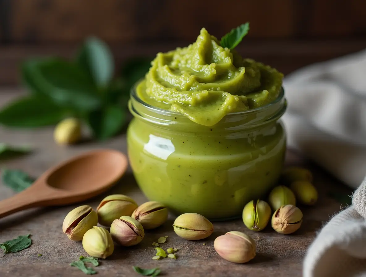 Homemade pistachio paste jar on a rustic kitchen countertop with pistachios and a wooden spoon.