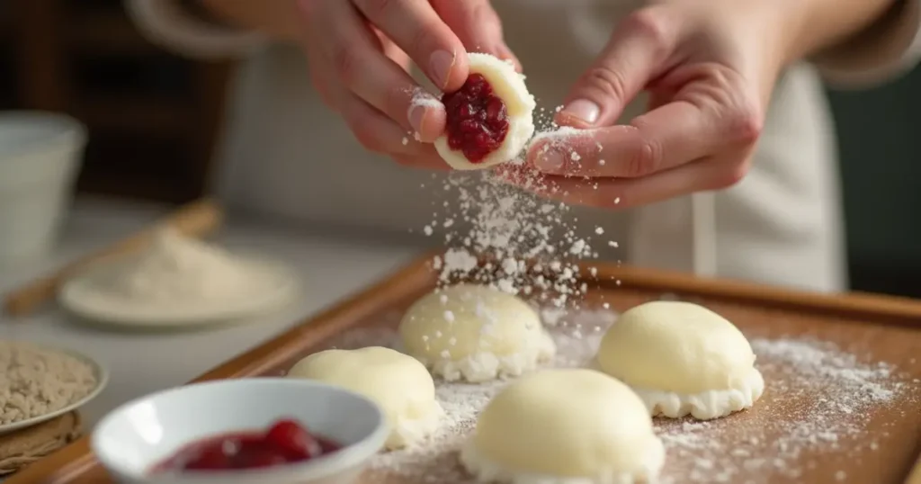 Hands shaping fresh mochi, dusted with cornstarch, and filled with sweet red bean paste on a wooden table.
