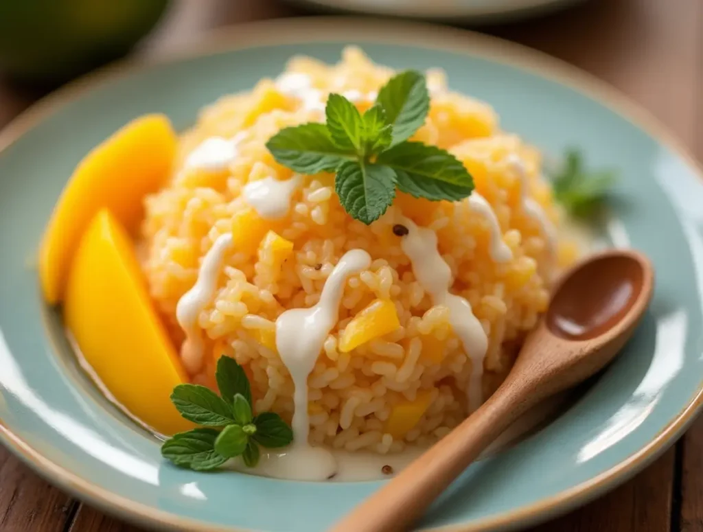A plate of mango sticky rice with coconut milk drizzled on top, garnished with sesame seeds and mint.