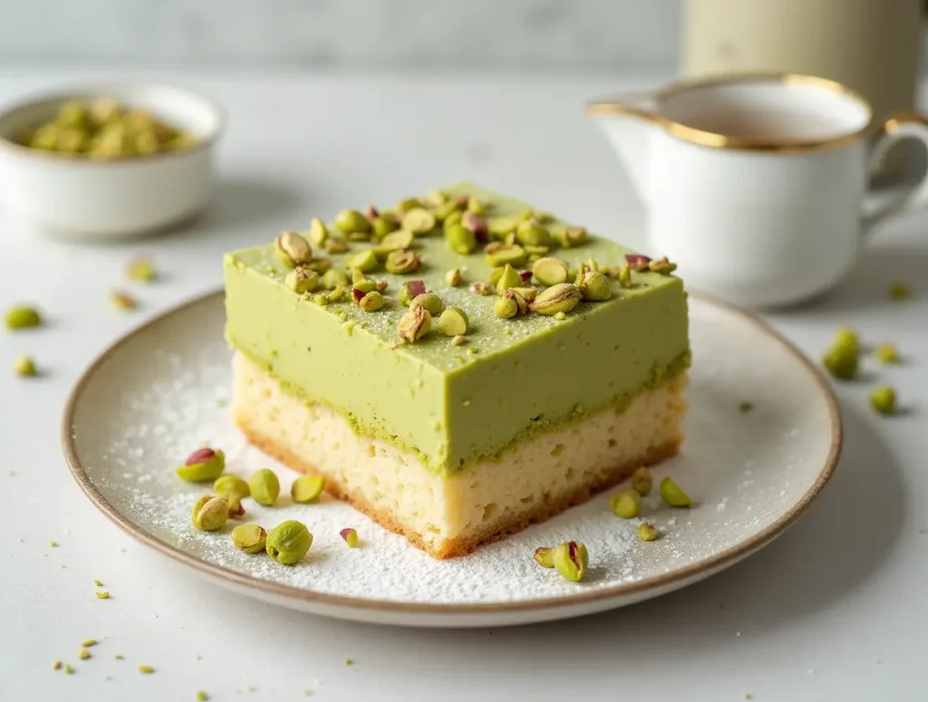 Elegant pistachio cake with pistachio paste filling and chopped pistachios on top.