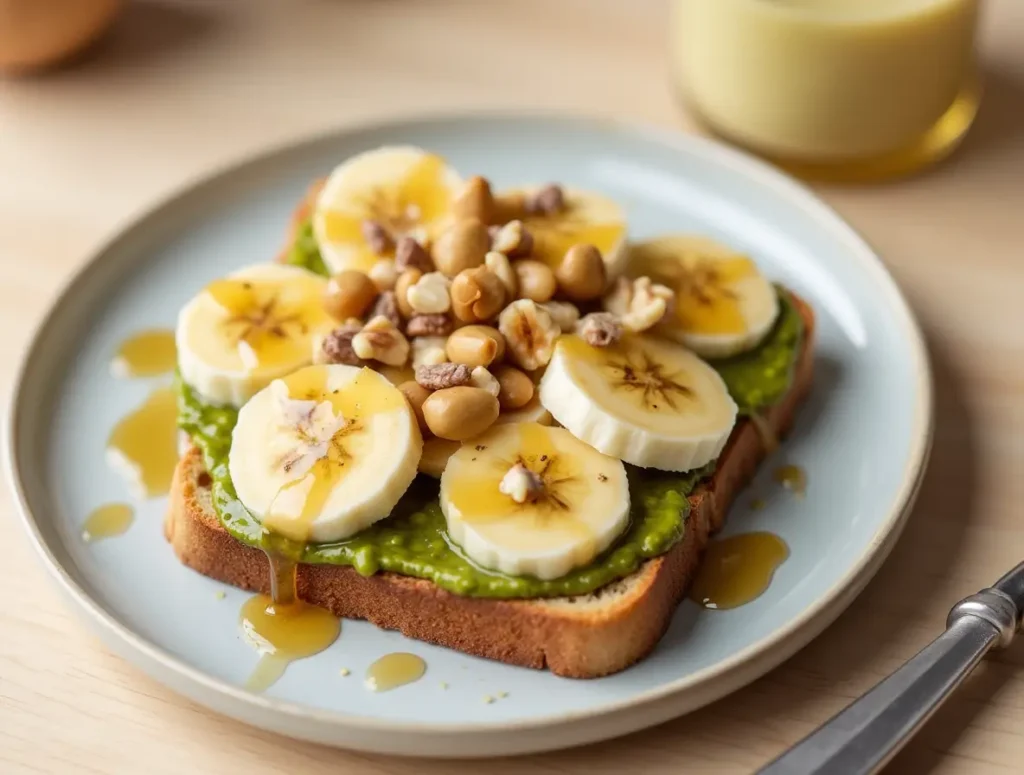 Healthy breakfast plate with toast topped with pistachio paste, sliced bananas, and nuts.