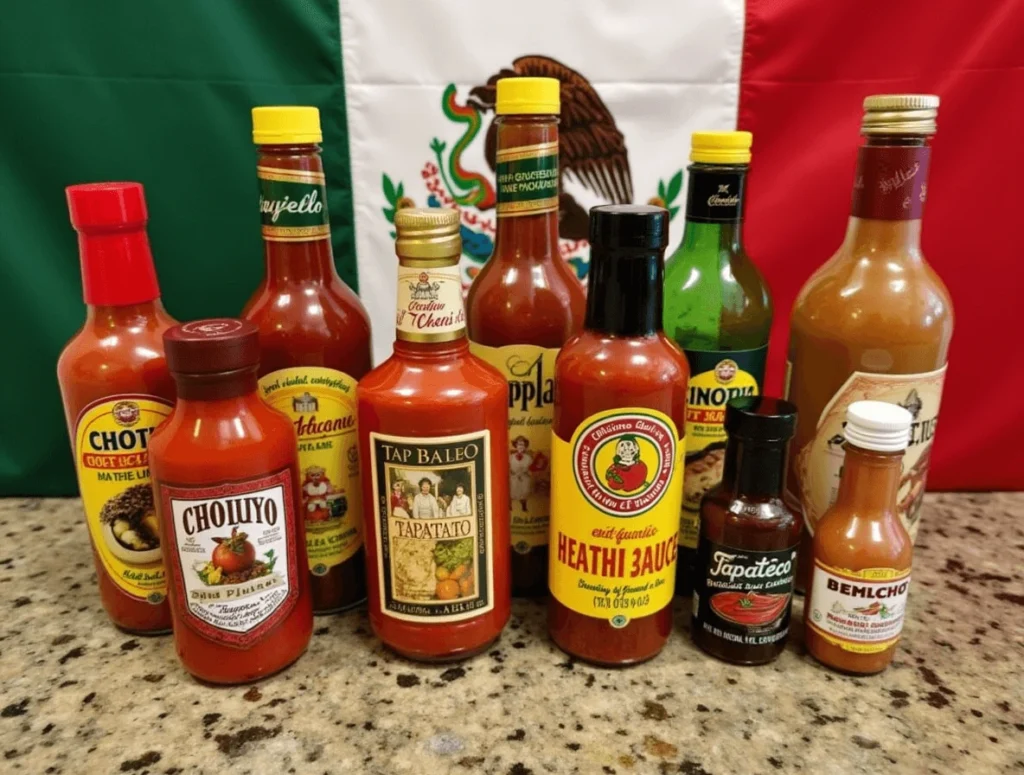 Assorted Mexican hot sauce bottles like Cholula, Tapatío, and El Yucateco on a kitchen counter.