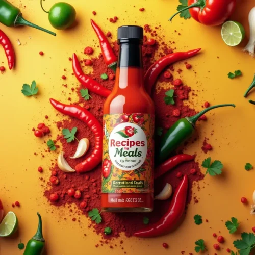 A vibrant bottle of "Recipes by Meals" Mexican hot sauce surrounded by fresh ingredients like red chili peppers, tomatoes, garlic, and cilantro, showcasing its natural flavors.