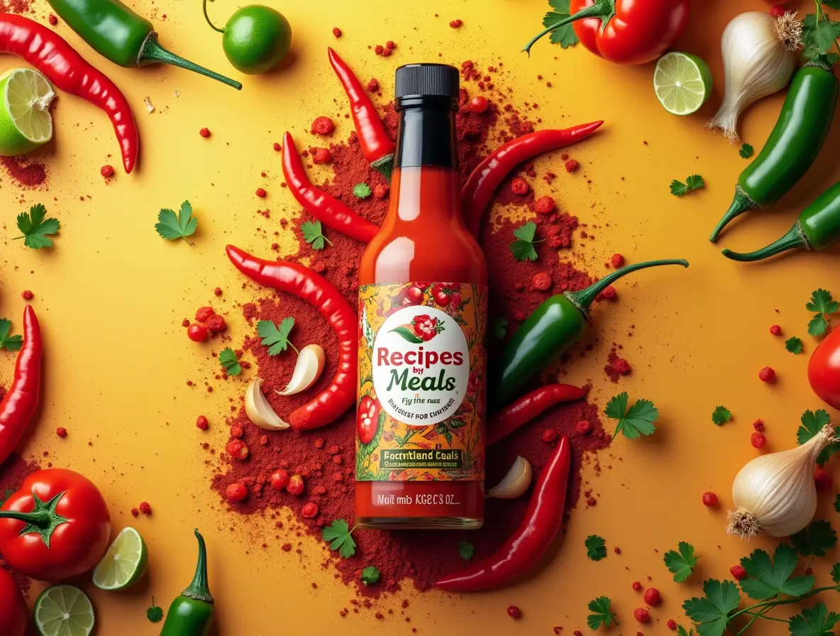 A vibrant bottle of "Recipes by Meals" Mexican hot sauce surrounded by fresh ingredients like red chili peppers, tomatoes, garlic, and cilantro, showcasing its natural flavors.