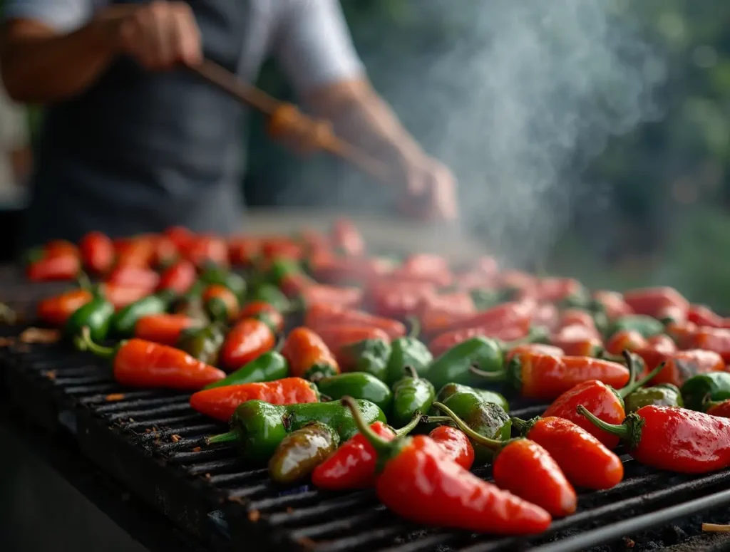 Chef roasting Habanero and Jalapeño peppers on a grill to make homemade Mexican hot sauce.