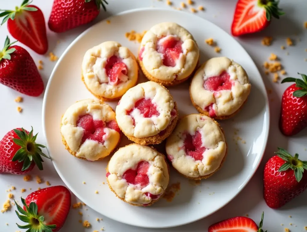 Strawberry cheesecake cookies cooling on a wire rack with a drizzle of white chocolate and graham cracker crumbs.